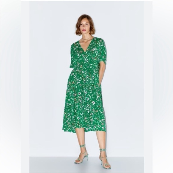 Zara Green Floral Midi Dress - Picture 1 of 8